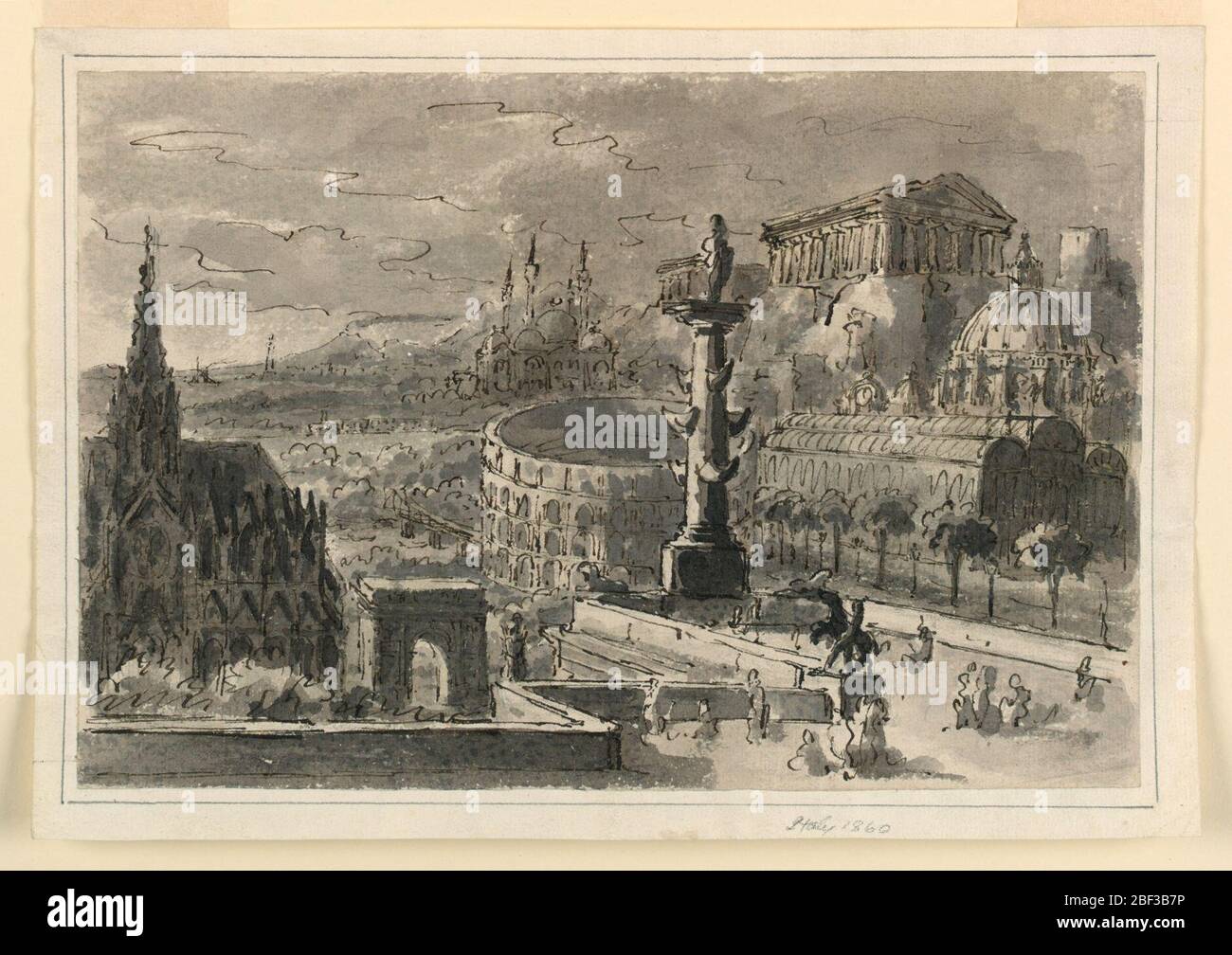 Conception de scène agglomération de divers bâtiments. Rectangle horizontal. Agglomération de divers bâtiments célèbres, dont la basilique Saint-Pierre, le Parthénon, le Colisée, la cathédrale de Cologne, l'Arc de Sptimus Severus et le Palais de Cristal à Londres. Banque D'Images