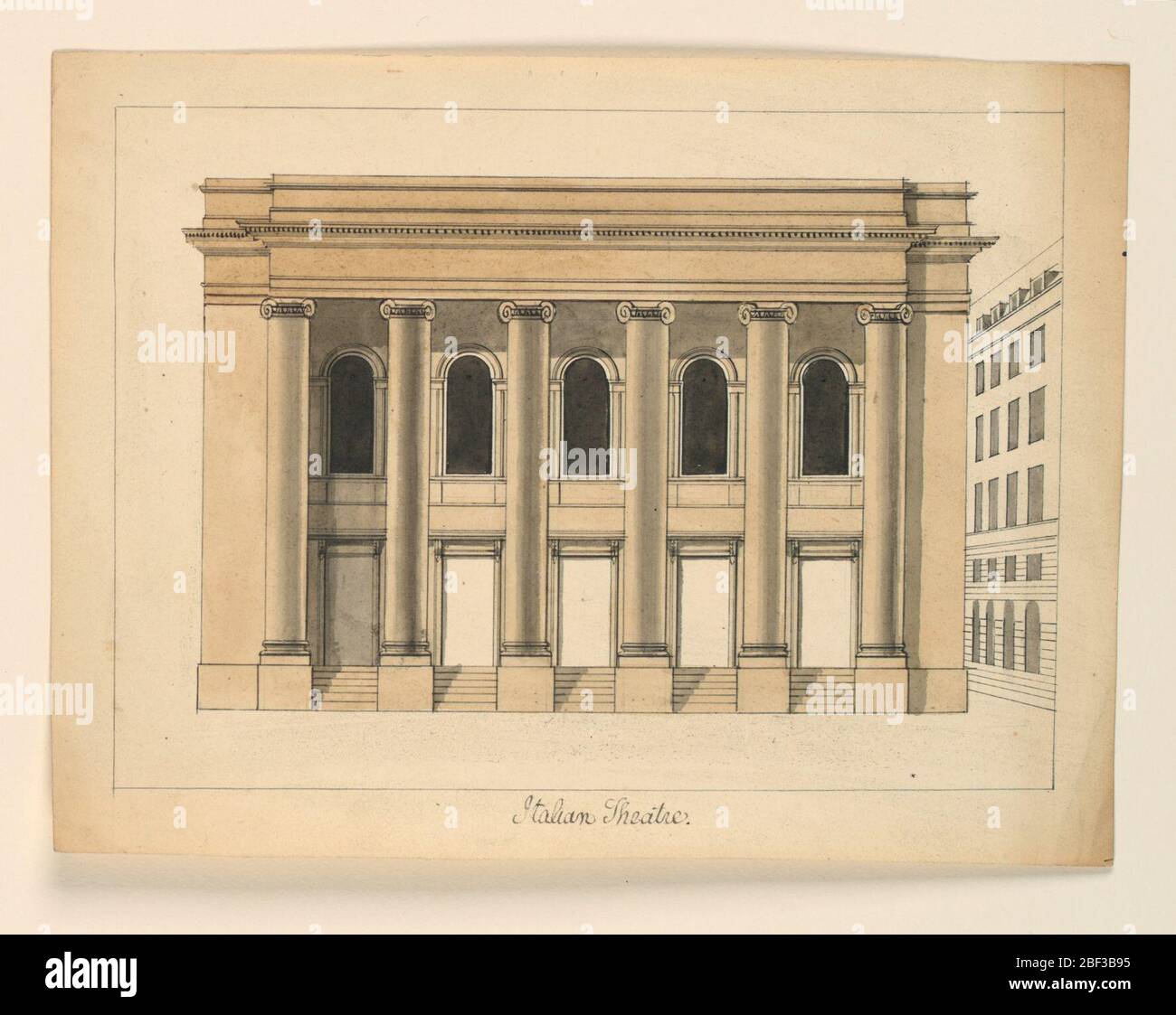 Élévation du Thatre Royal des Italiens Paris. Rectangle horizontal. Bâtiment de deux étages avec un portique ionique à six colonnes de double ordre, sur toute la longueur de la façade. Banque D'Images