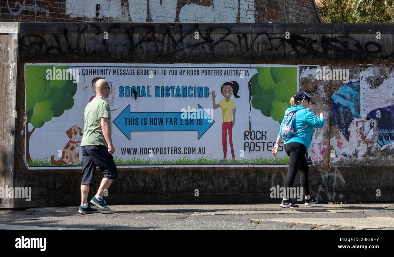 Covid, coronavirus, crise pandémique à Melbourne Australie 2020. Panneau de distanciation sociale à Melbourne Australie. Banque D'Images