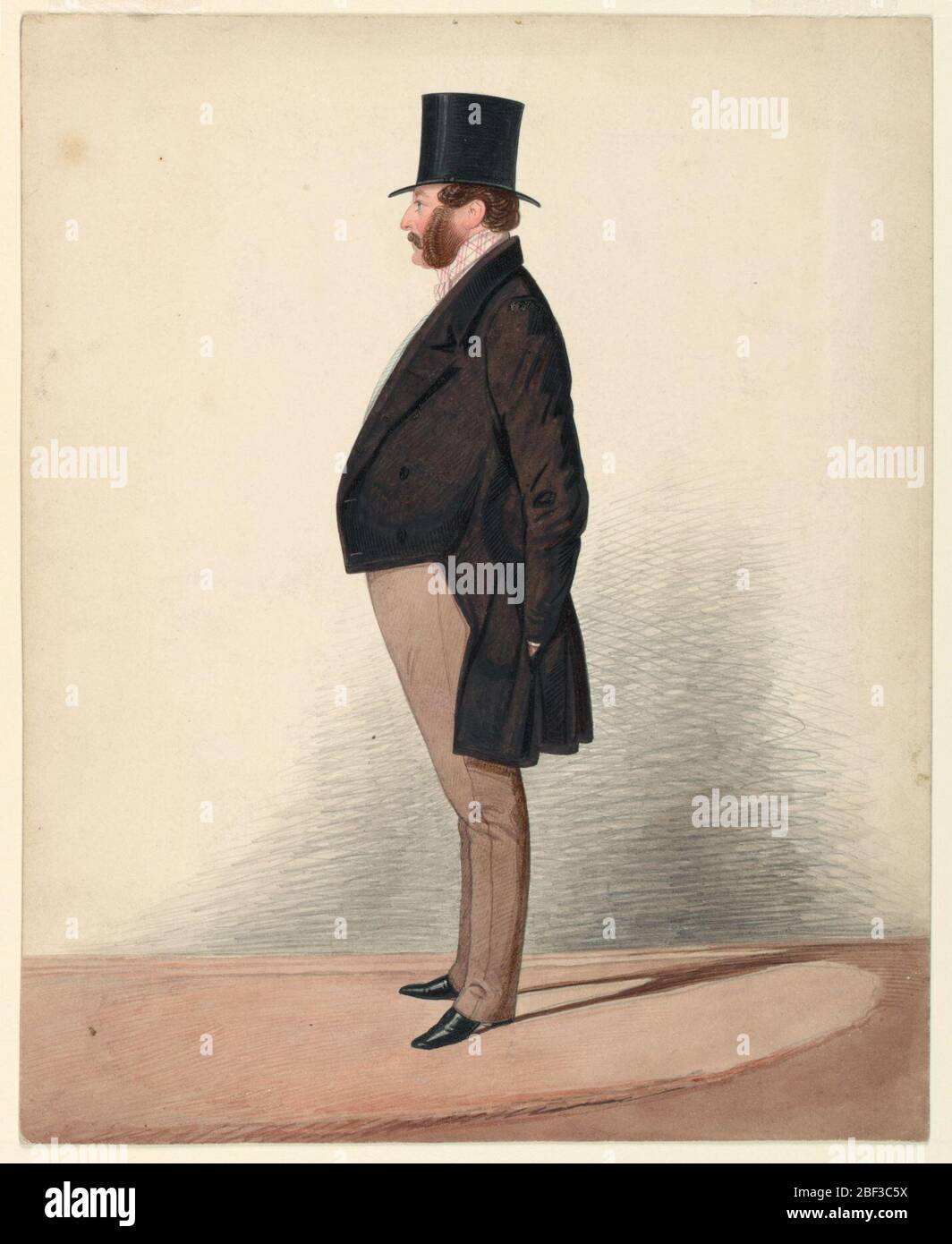 Portrait de l'homme non identifié Rectangle vertical. Un homme portant des murmures de visage est vu pleine longueur debout dans le profil gauche, sa gauche avait poussée derrière ses queues de manteau. Banque D'Images