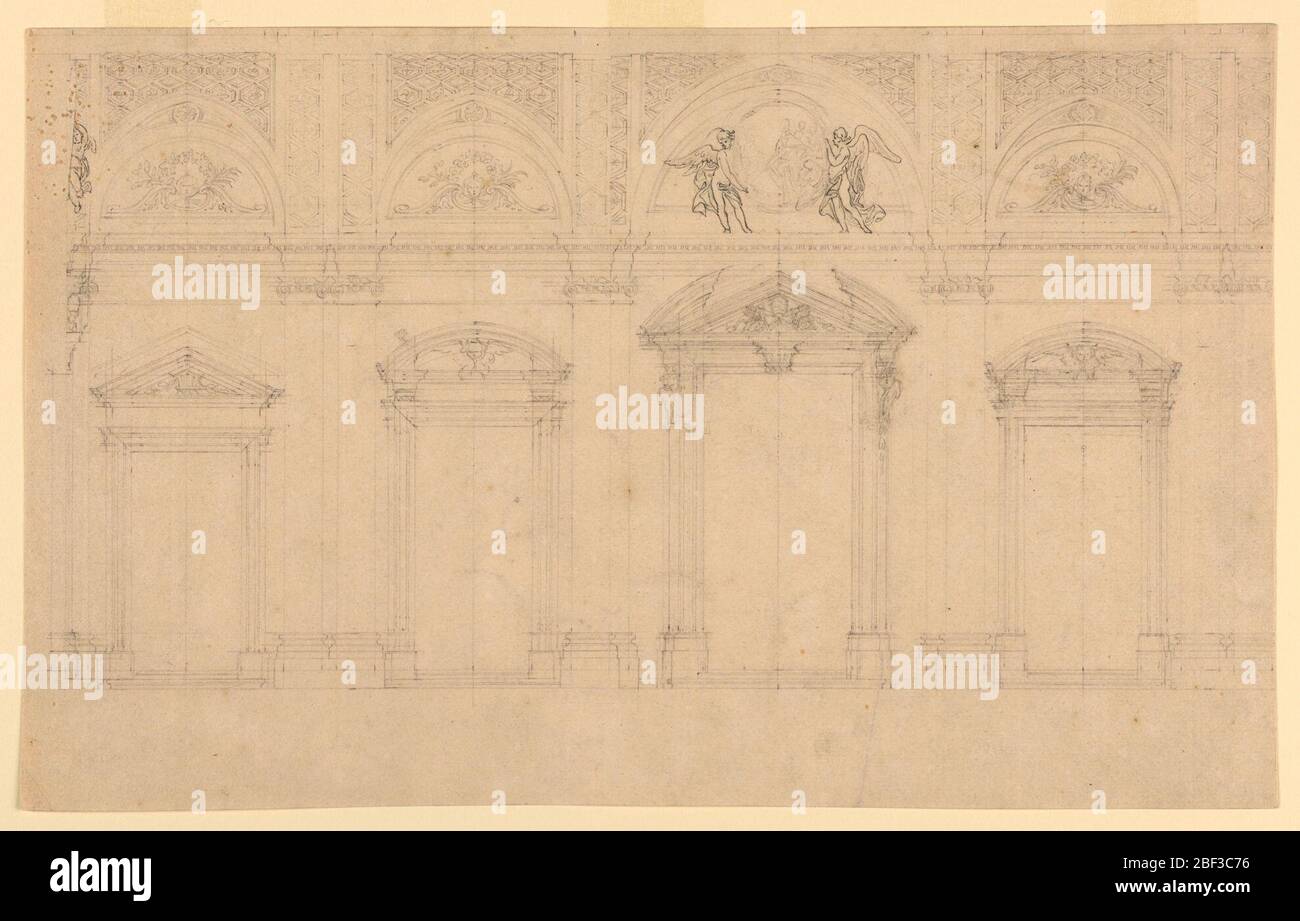 Section du Portico Santa Maria Maggiore Rome Italie. La conception montre l'élévation de la paroi composée de quatre portes soutenues par une paire de pilastres. Plus grande en hauteur que les autres, la troisième porte de gauche a deux péages: Un intérieur triangulaire, et un extérieur arrondi cassé. Banque D'Images