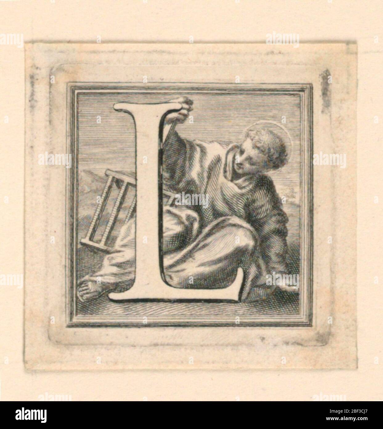 Lettre L de la capitale décorée, avant Saint-Laurence, assise au sol, tenant le gril. Banque D'Images