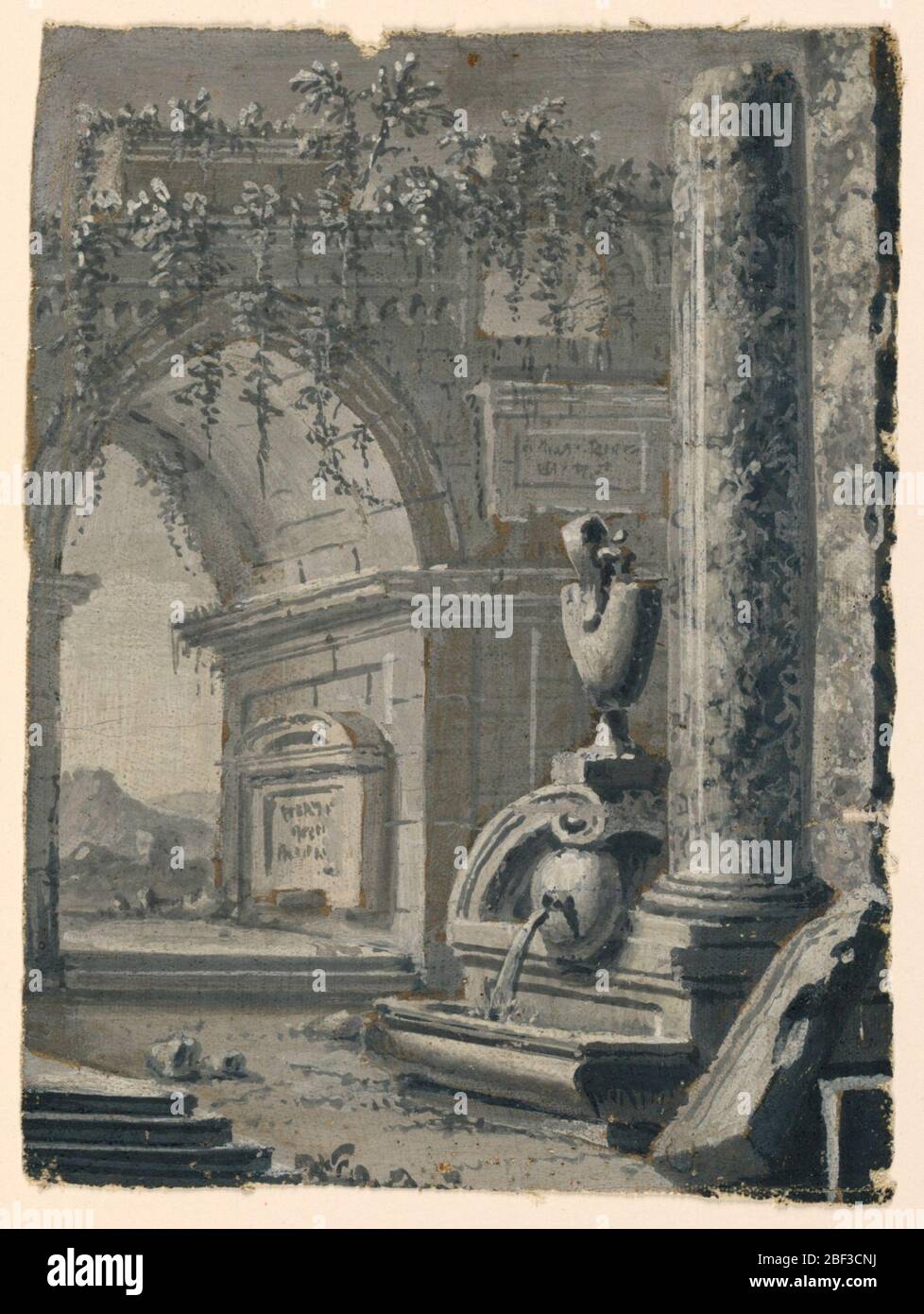 Vue antique de Stage Design dans le jardin. Rectangle vertical. Fontaine en ruines près des colonnes. Arche ogivale en arrière-plan à gauche, paysage de jardin. Grisaille. Banque D'Images