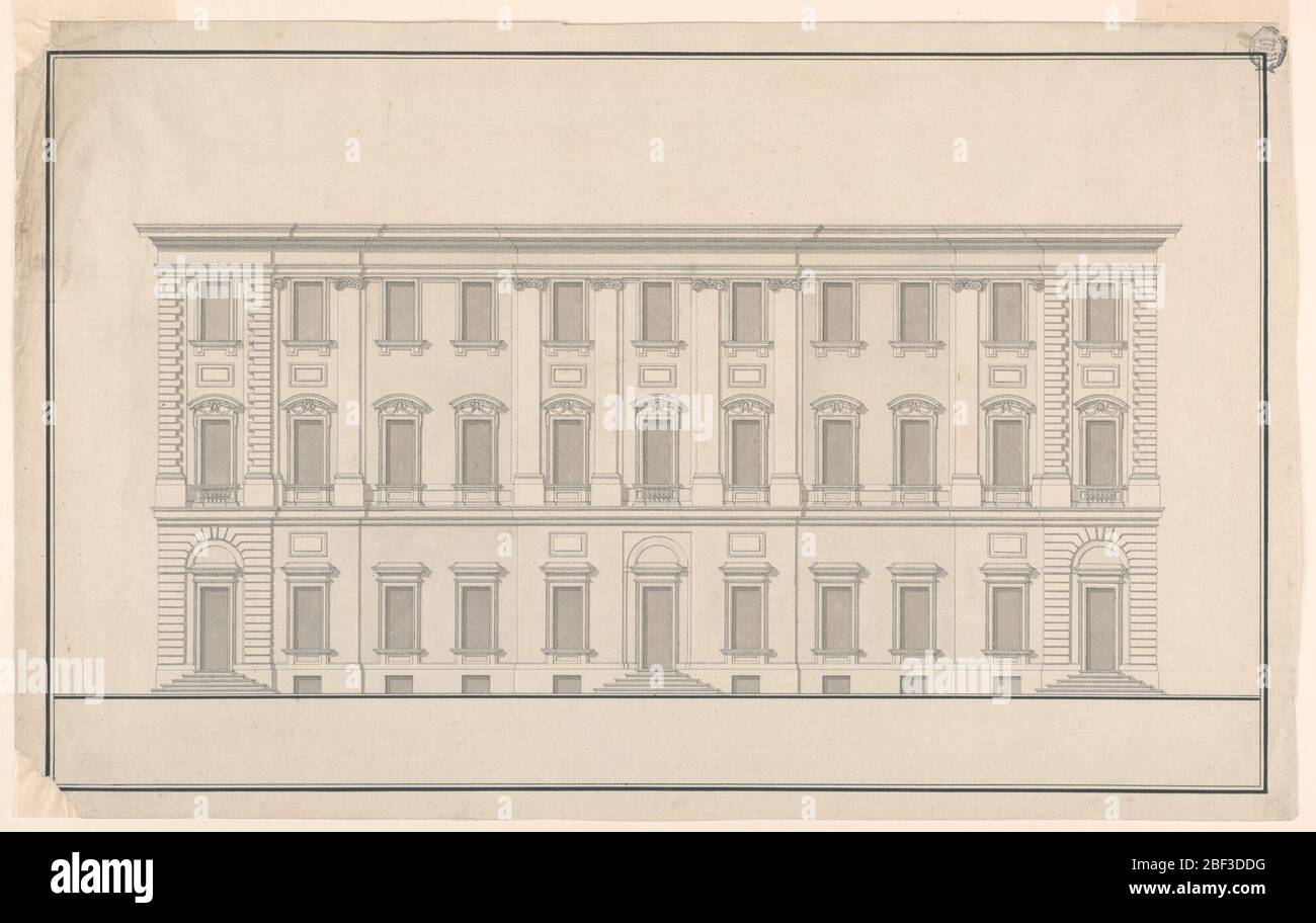 Élévation d'un bâtiment majestueux avec trois entrées. Dessin architectural au format horizontal. Le bâtiment représenté a trois étages et un sous-sol. La partie centrale de trois baies, et les extrémités de deux baies par projet; les dernières baies nommées, deux fois. Rustique dans les dernières baies. Banque D'Images