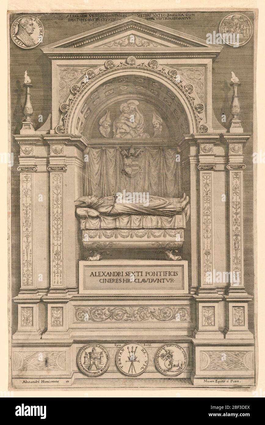 La tombe du Pape Alexandre VI La tombe du Pape Alexandre VI (1942-1503) se trouve dans une niche avec des décorations Renaissance. Ci-dessous, trois médailles, et au sommet, deux autres, en allusion à la collection du Pape (peut-être une illustration d'un livre sur la collection numismatique du Pape). Banque D'Images