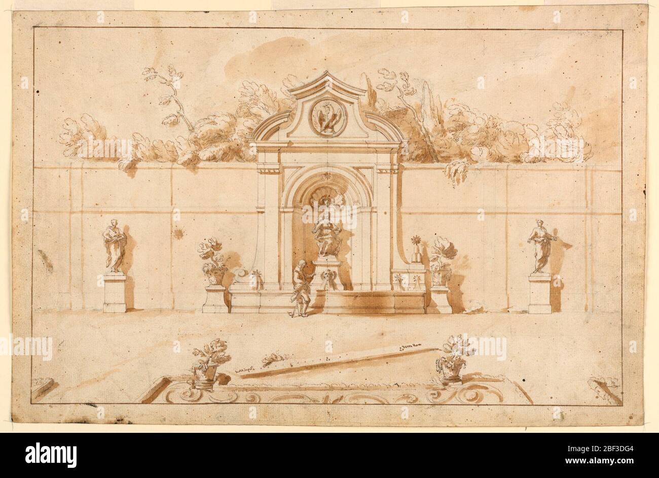 Mur de jardin. Échelle: À l'encre brune et au stylo, sur le chemin du jardin: scala di pal. Banque D'Images