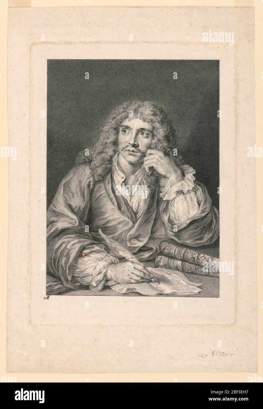 Portrait de Jean Baptiste Molire 16201673. Moliére assis derrière une table, son corps et la tête légèrement tournés vers la gauche. Sa main droite, tenant un stylo, reposant sur du papier d'écriture. Sa tête penche sur sa main gauche. Livres sous son coude gauche. Il porte une robe de chambre. Banque D'Images