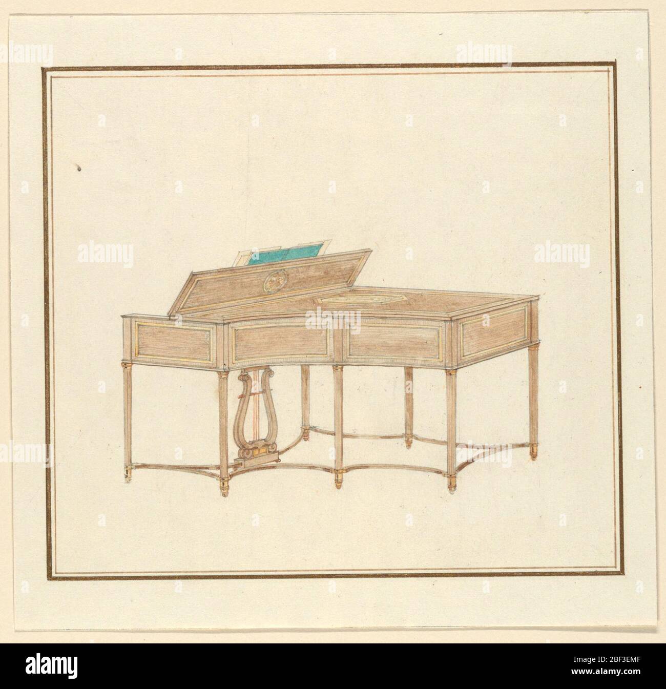 Design pour une sacoche de piano de marqueterie. Vue perspective vers côté incurvant du piano. Sept jambes minces, rondes et légèrement tapières, jointes par des brancards incurvées: Support en forme de lyre pour pédales. Côtés de la housse. Banque D'Images