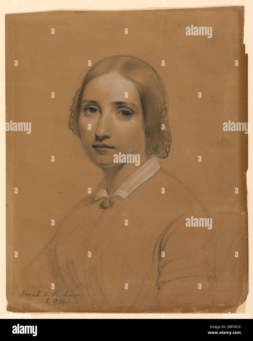 Portrait de Sarah E Richards. Portrait de buste avec le corps tourné vers la gauche, la tête face frontale. Banque D'Images