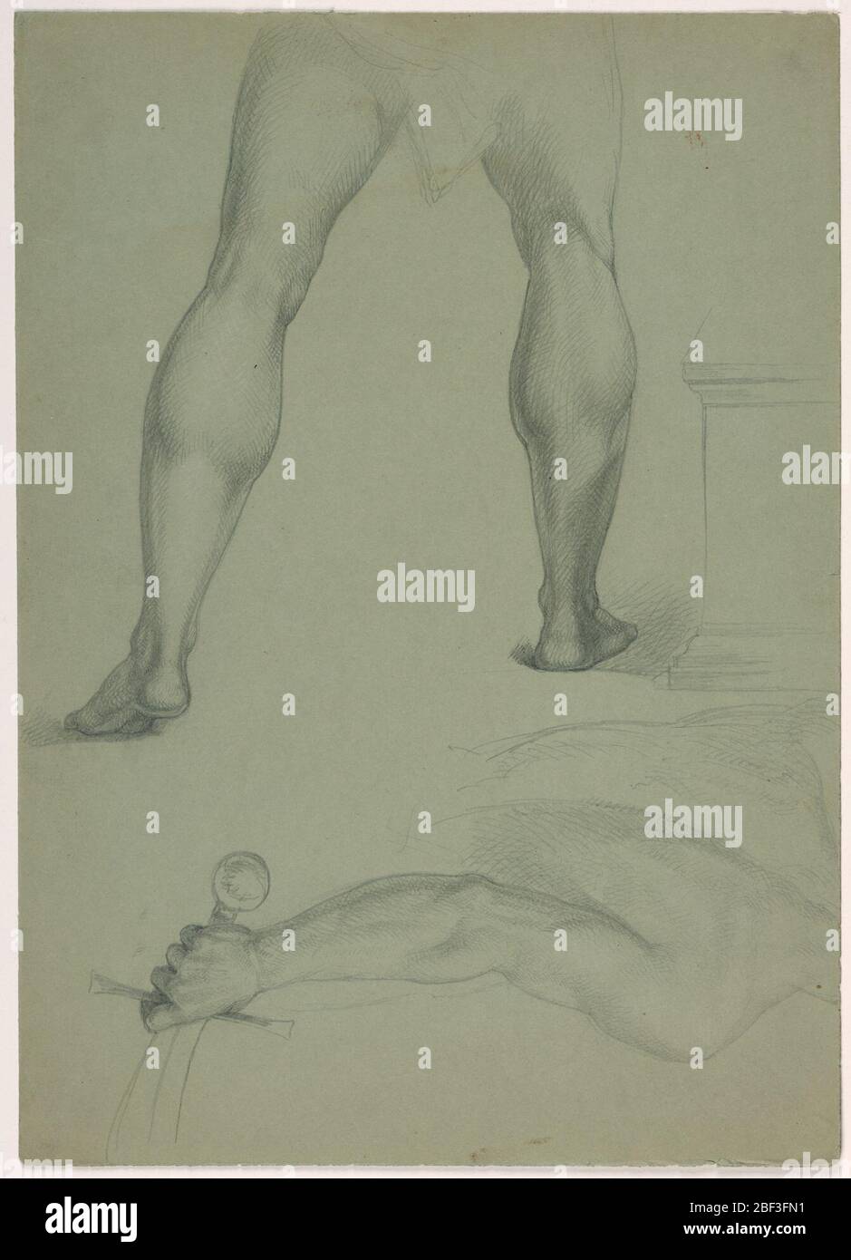 Deux études anatomiques partielles. Au sommet, jambes d'un homme marchant, de l'arrière. Draperie esquissée au sujet de ses hanches. En dessous, orienté différemment, le bras arrière et droit d'un homme tenant une cimitar. Banque D'Images