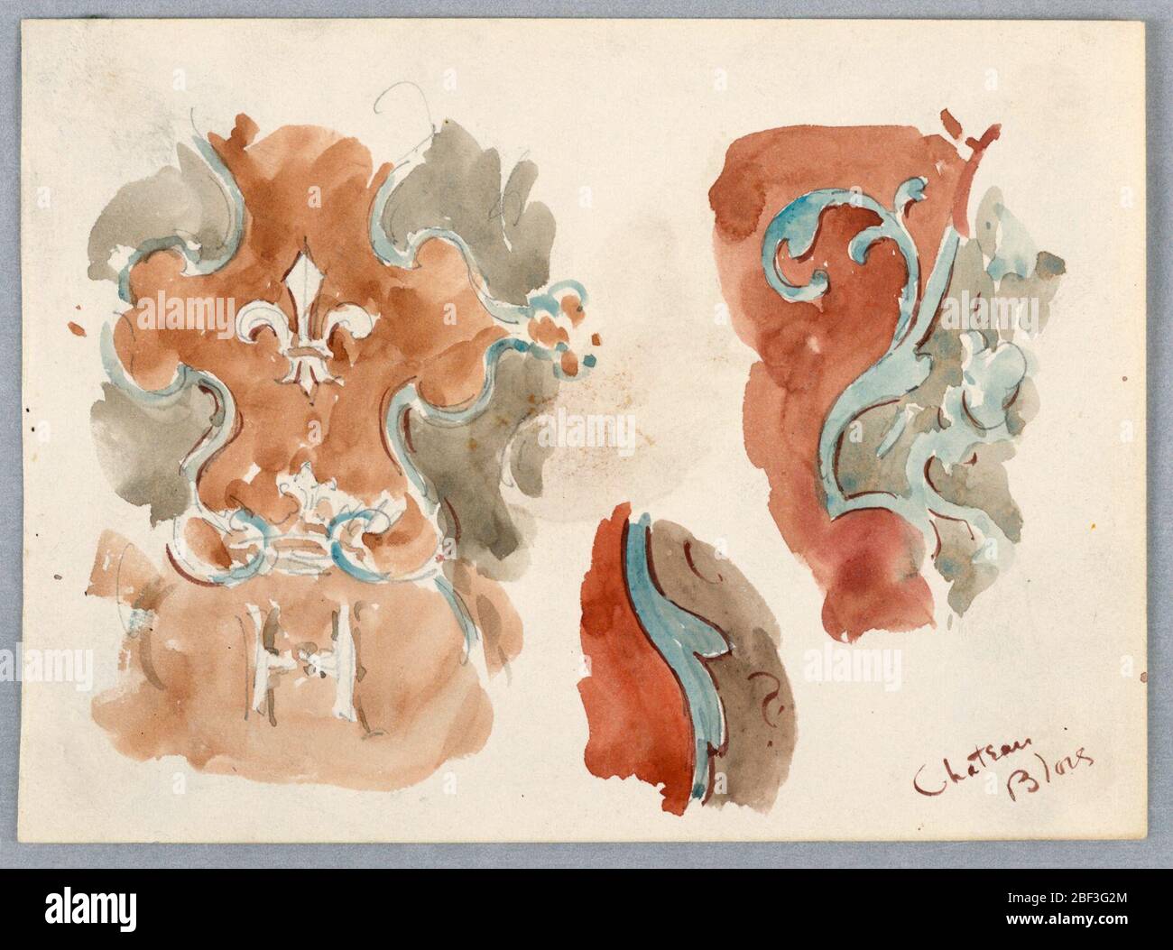 Esquisses de motifs de paroi Blois. Elément complet de la structure de paroi, gauche ; sections, droite. Banque D'Images