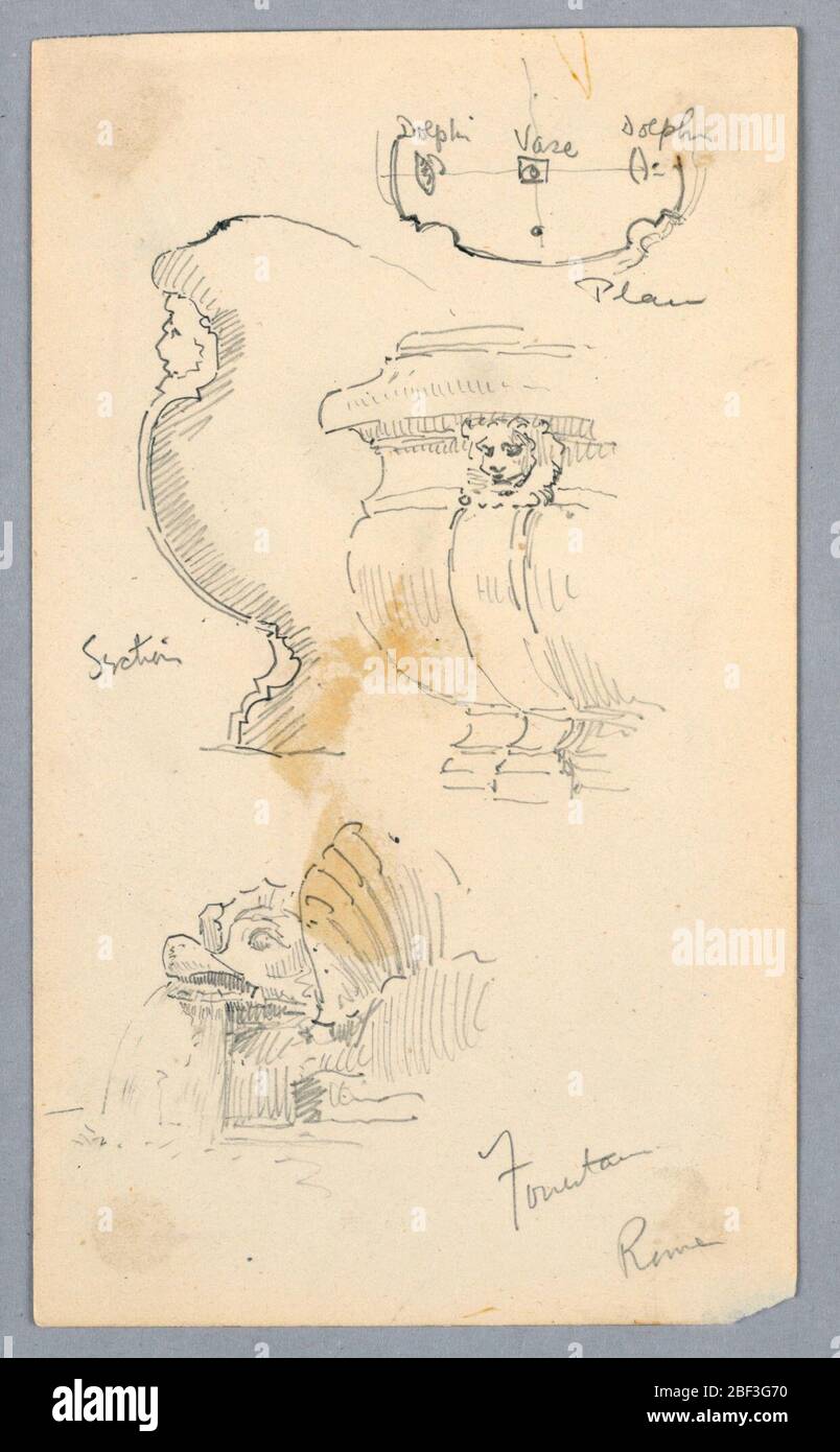 Croquis d'une fontaine à Rome. En haut à droite, le plan. Le centre, le profil et la base du vase, ont tous deux une face de lion sur le cou; bec en forme de poisson, avec de l'eau sortant de la bouche. Banque D'Images