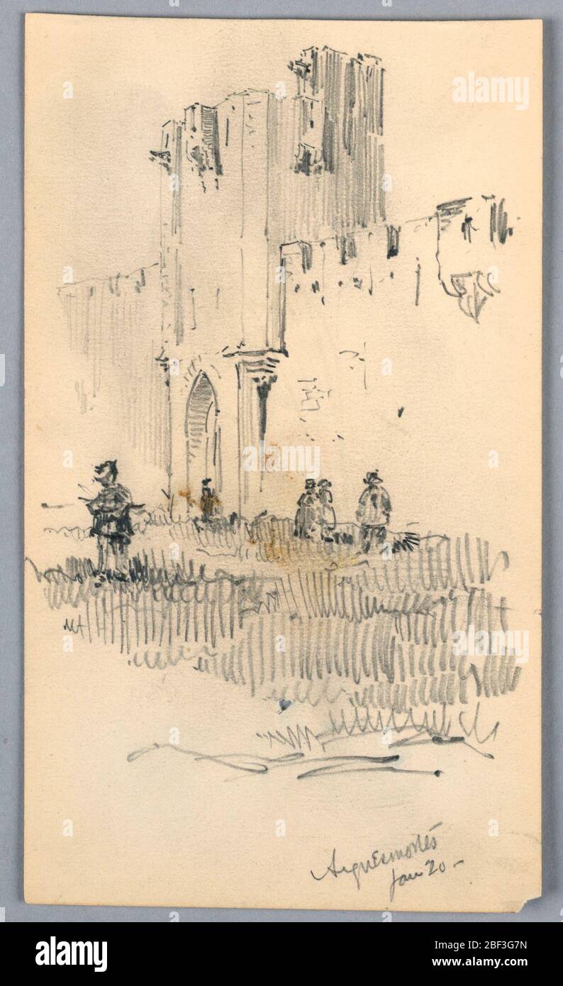 À AiguesMortes. Un champ, avec des figures, devant un château, des murs et une entrée Banque D'Images