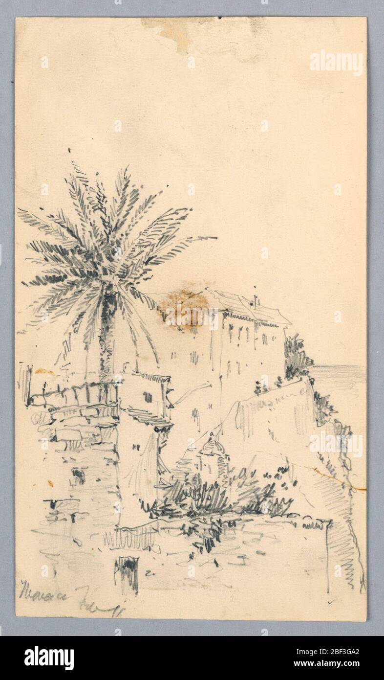 Monaco. Mur de briques, premier plan, avec palmier, gauche et bâtiments au-delà Banque D'Images