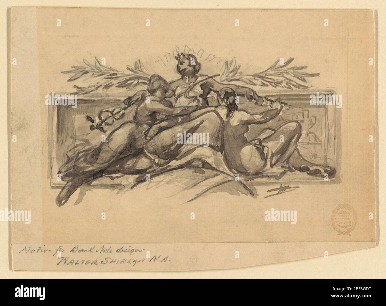 Motif pour la conception de billets bancaires. Un groupe de trois femmes est montré devant une peinture encadrée. La figure centrale tient un caduque et se trouve avec ses pieds sur un globe. La femme, à gauche, s'agenouille et penche sur le tour de la figure centrale. Elle porte deux branches. Banque D'Images