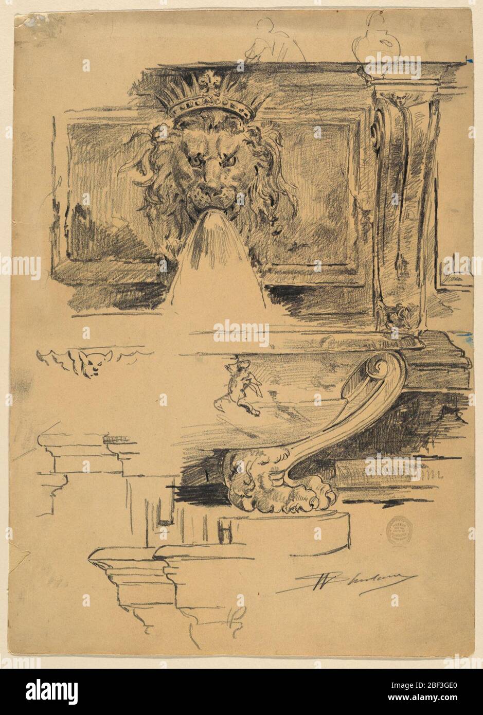 Étude d'une fontaine Italie. L'eau coule d'un masque de lion couronné dans un bassin, soutenu par des rouleaux de pieds de lion. La moitié droite du bassin est illustrée, encadrée par des volutes. Centre gauche : partie d'un bassin de coquillages avec tête de chat. Coin inférieur gauche : coins des moulures. Banque D'Images