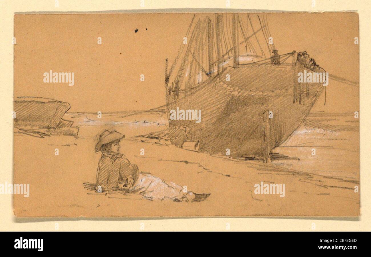 Sur le rivage. Rectangle horizontal. Une femme est représentée en position assise, face à droite. Dans le plan central droit est un voilier montré obliquement de la poupe. Banque D'Images