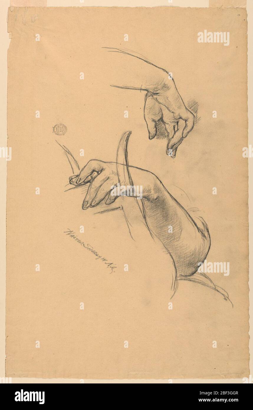 Études du bras gauche et de la main droite d'une femme. En haut : la main droite, suspendue, illustrée de l'intérieur. Bas : bras gauche avec la main posée sur une lyre, frontally. Banque D'Images Études du bras gauche et de la main droite d'une femme. En haut : la main droite, suspendue, illustrée de l'intérieur. Bas : bras gauche avec la main posée sur une lyre, frontally. Banque D'Images
