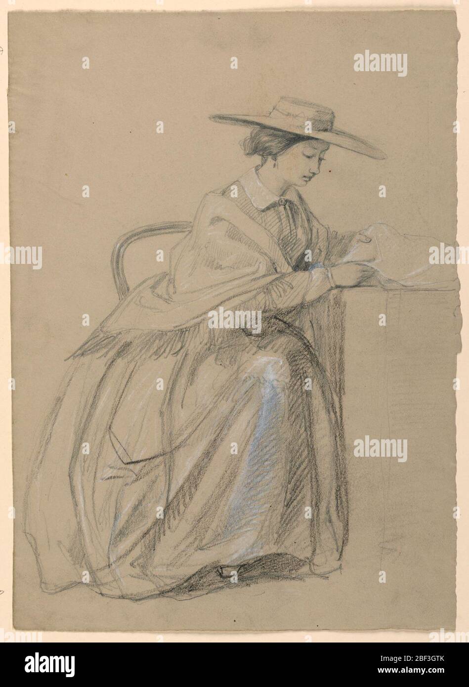 Mme Sheppard Gandy est assise. Femme assise sur une chaise face à la façade. Elle est tournée vers une table, à droite, et examine un morceau de tissu dans ses mains. Figure pleine longueur. Elle porte un chapeau à large bord et un châle. Verso: Étude de la draperie, avec la draperie tombant principalement vers la gauche. Banque D'Images