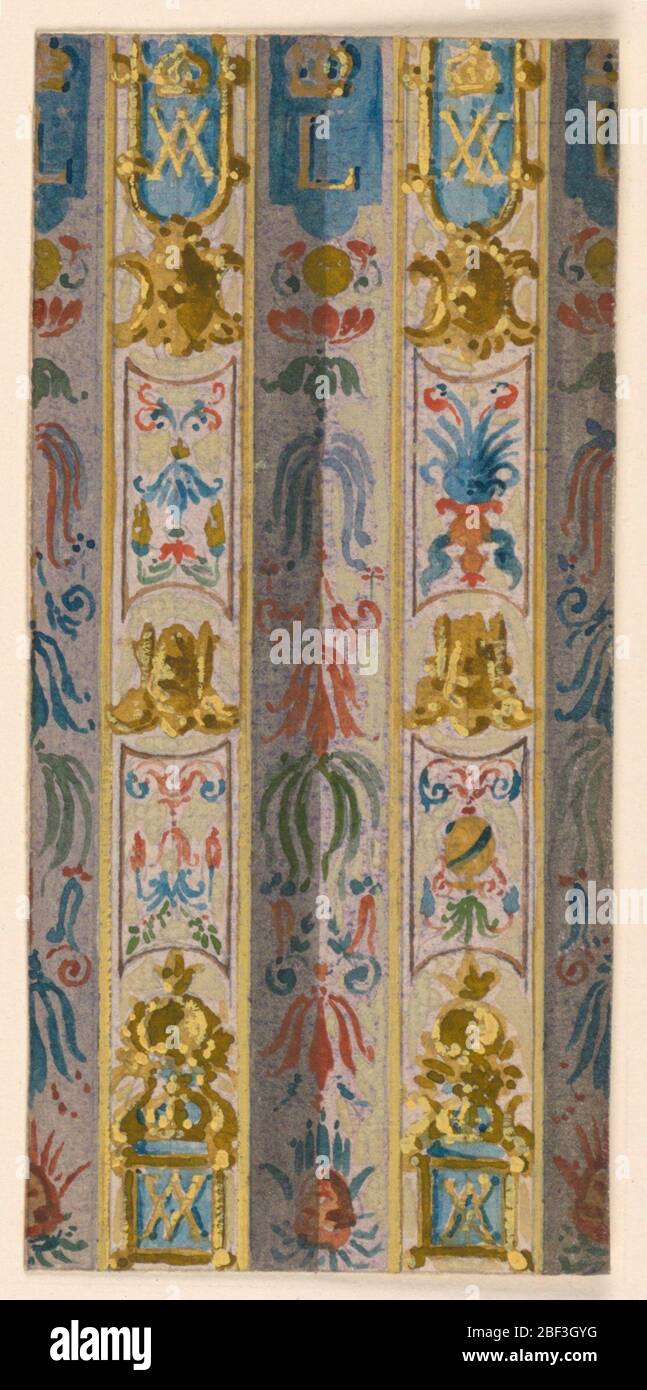 Décoration murale détaillée Palais de Fontainebleau. Panneaux étroits de décoration peinte. Série de panneaux étroits, de zones de projection et d'alternance encastrées. Le panneau central comprend un bouclier avec couronne et le premier « L. » Banque D'Images