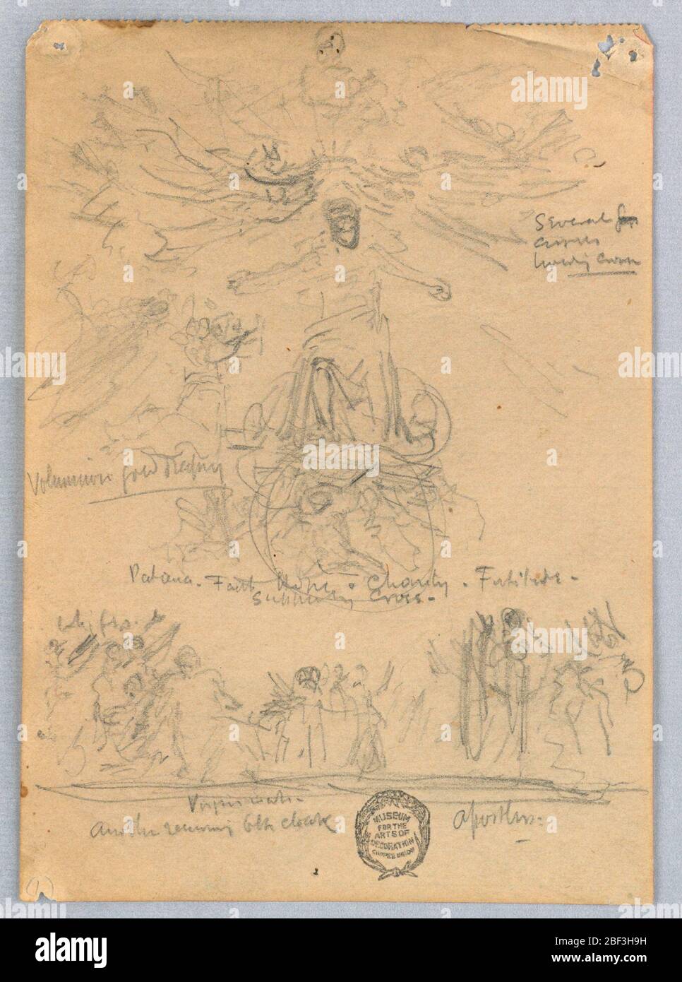 Des esquisses pour une passion. Croquis d'une scène religieuse autour de la figure centrale avec des bras étirés, avec des anges au-dessus et des apôtres en dessous. Banque D'Images