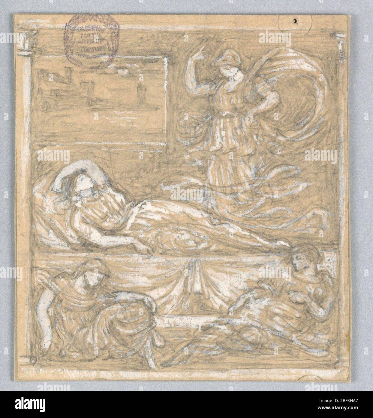 Scène classique. Athena apparaissant dans un rêve à une femme endormie sur un canapé. Les préposés s'endorment en dessous, à gauche et à droite. Banque D'Images