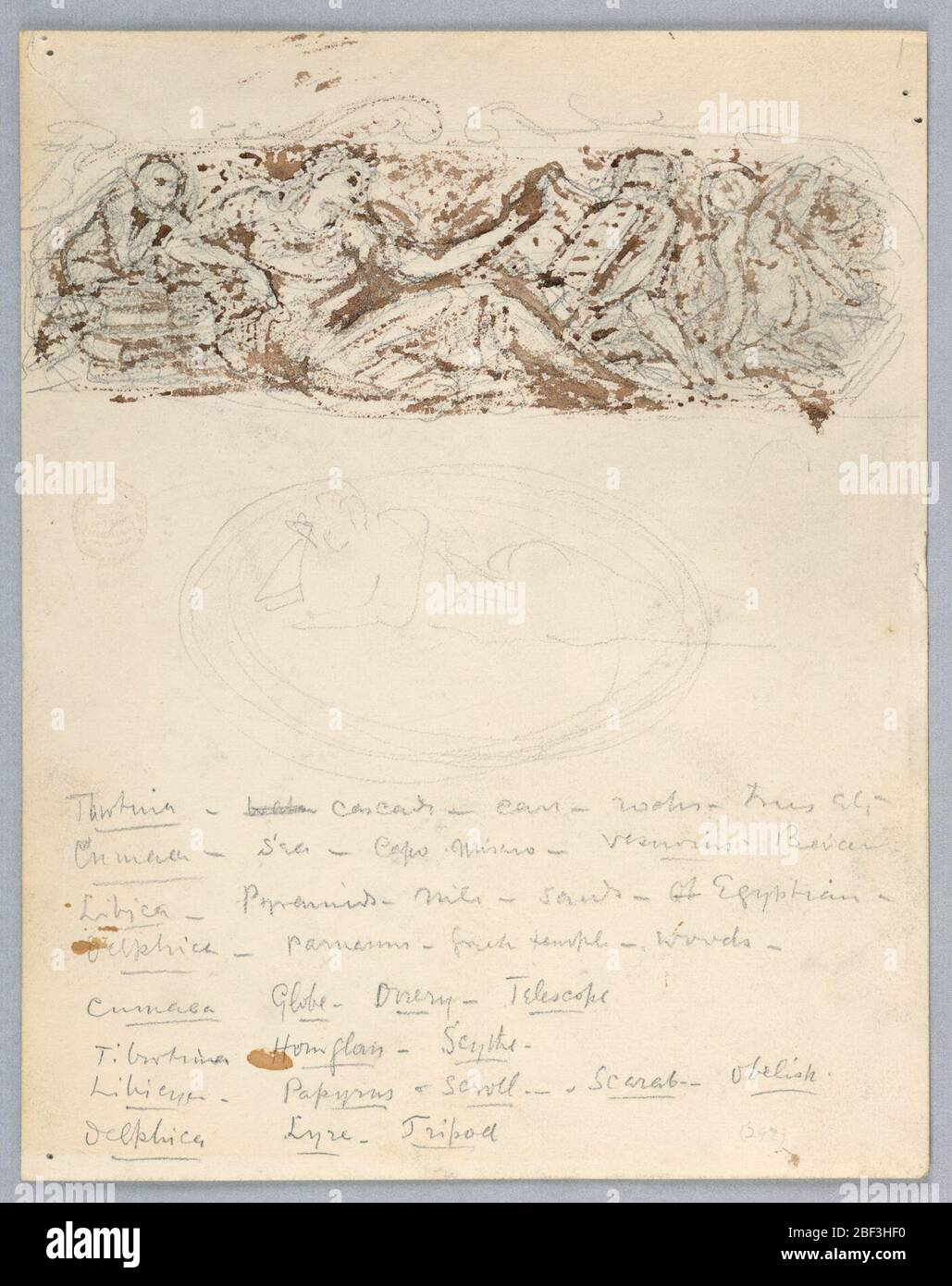 Esquisse pour un panneau de paroi. Ci-dessus, composition rectangulaire avec une femme inclinable, un bras s'étirait à un livre tenu par un puto. Ovale, centre. Notes et symboles ci-dessous. Banque D'Images