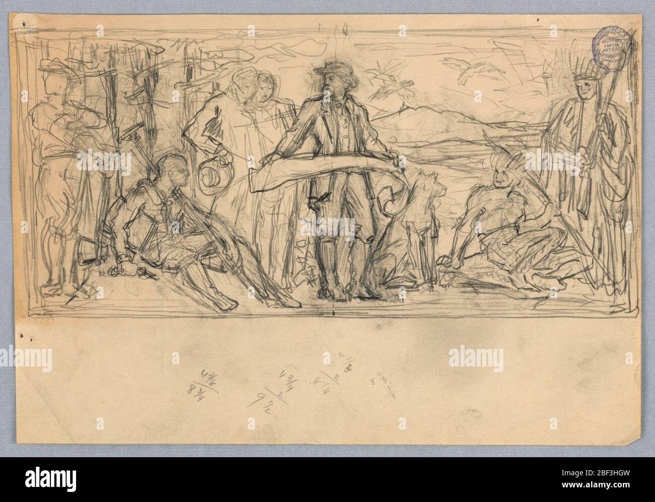 Esquisse pour une murale. Rencontre de frontiersman et d'amérindien à la limite des bois, des montagnes au-delà. Équations mathématiques avec fractions ci-dessous. Verso: Dessin de la tête de l'homme, au centre. Banque D'Images Esquisse pour une murale. Rencontre de frontiersman et d'amérindien à la limite des bois, des montagnes au-delà. Équations mathématiques avec fractions ci-dessous. Verso: Dessin de la tête de l'homme, au centre. Banque D'Images