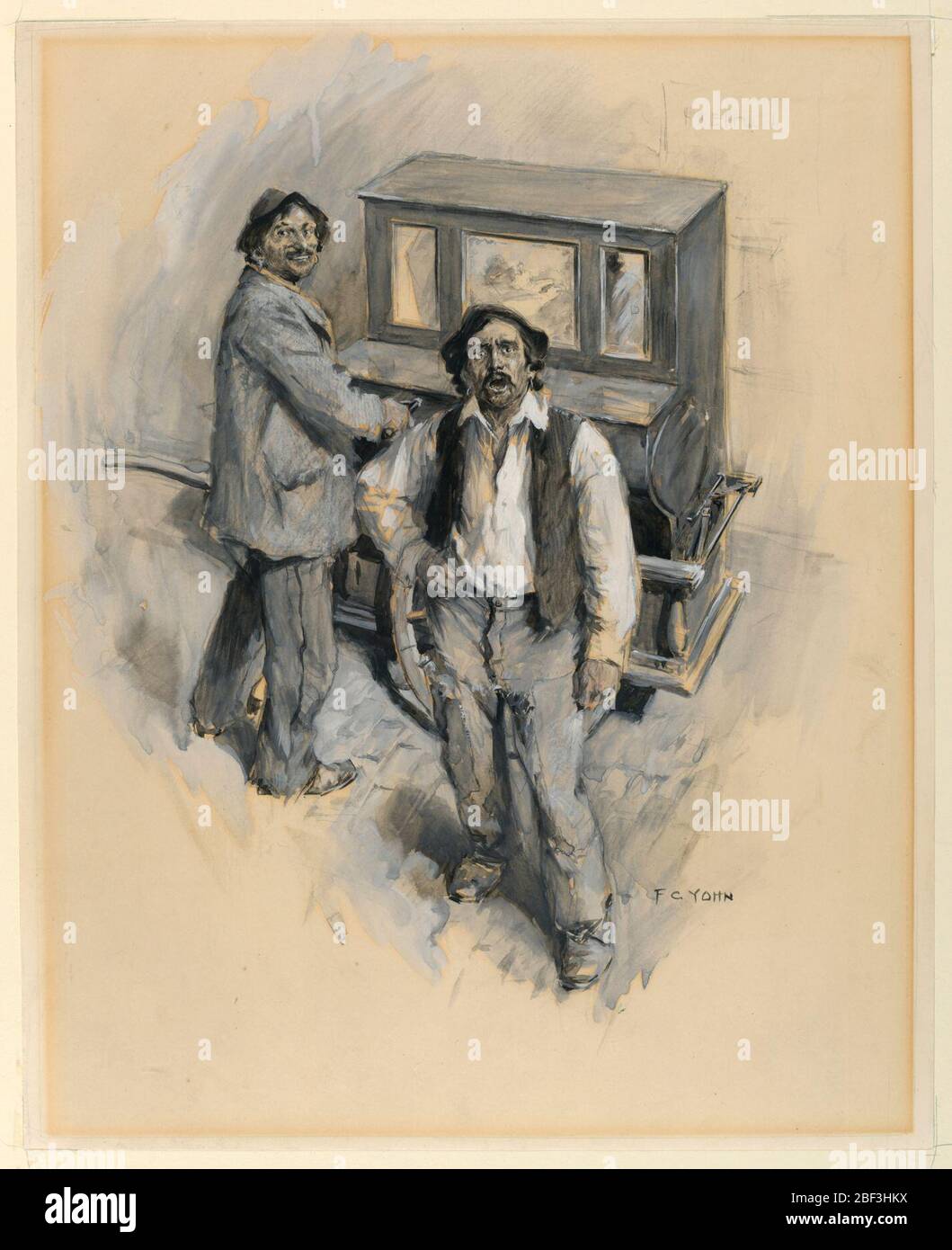 L'orgue et la voix une fois de plus sous nos fenêtres. Deux hommes et leur hurdy-gurdy. Les deux hommes sont debout, regardant le spectateur. Un homme chante, tandis que l'autre grind l'organe. Banque D'Images