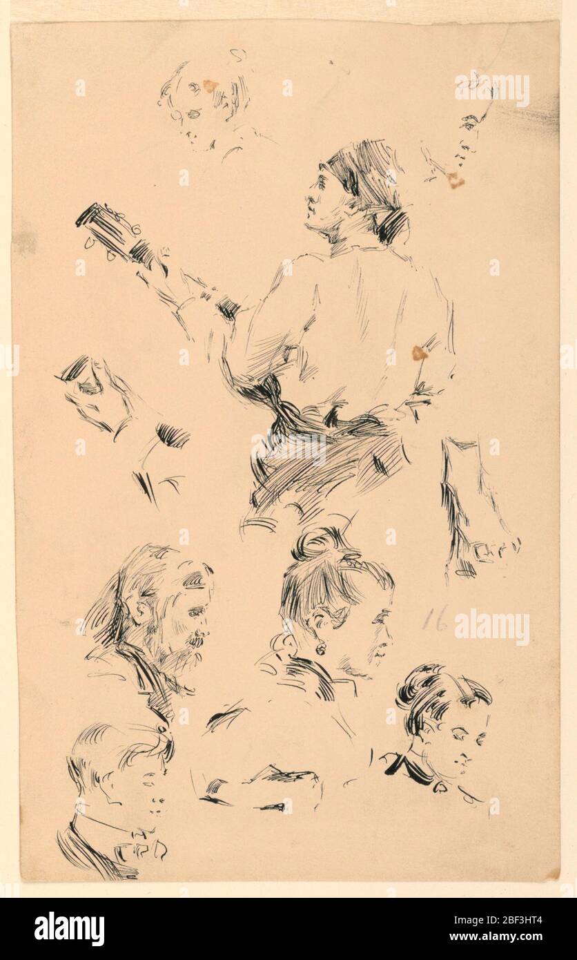Croquis de têtes une main un pied et un musicien. Au centre, un jeune homme, portant un mouchoir sur sa tête, est vu du dos jouant une guitare. Croquis supplémentaires de six têtes, de la main gauche du musicien, d'un pied et d'une chaussure. Banque D'Images Croquis de têtes une main un pied et un musicien. Au centre, un jeune homme, portant un mouchoir sur sa tête, est vu du dos jouant une guitare. Croquis supplémentaires de six têtes, de la main gauche du musicien, d'un pied et d'une chaussure. Banque D'Images