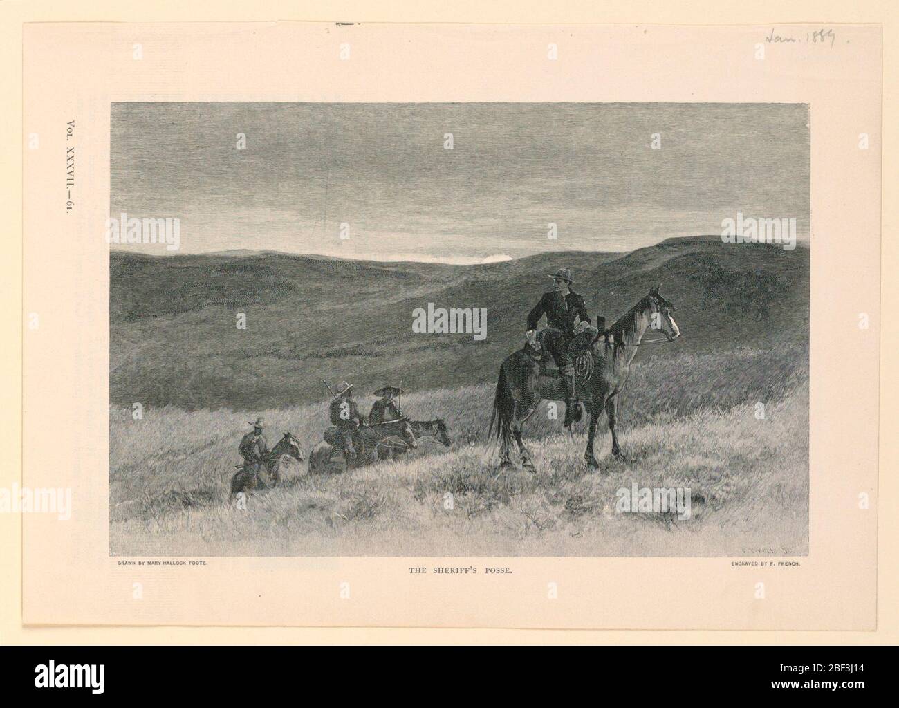 Le Sheriffs Posse. Quatre hommes armés à cheval, se déplaçant vers la droite. Paysage montagneux à distance. Banque D'Images