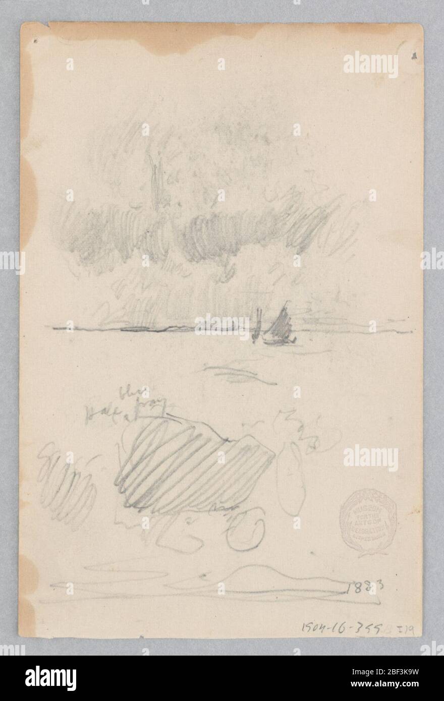 Seascape. Recto: Seascape avec un voilier sous la voile, eaux calmes, et nuages dans le ciel; Verso: Esquisse partielle d'une figure. Banque D'Images Seascape. Recto: Seascape avec un voilier sous la voile, eaux calmes, et nuages dans le ciel; Verso: Esquisse partielle d'une figure. Banque D'Images