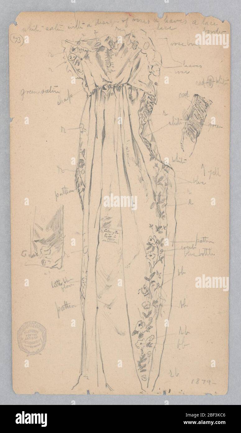Peignoir. Croquis d'une robe de satin sur toute la longueur avec un motif brodé de roses et de feuilles. Banque D'Images
