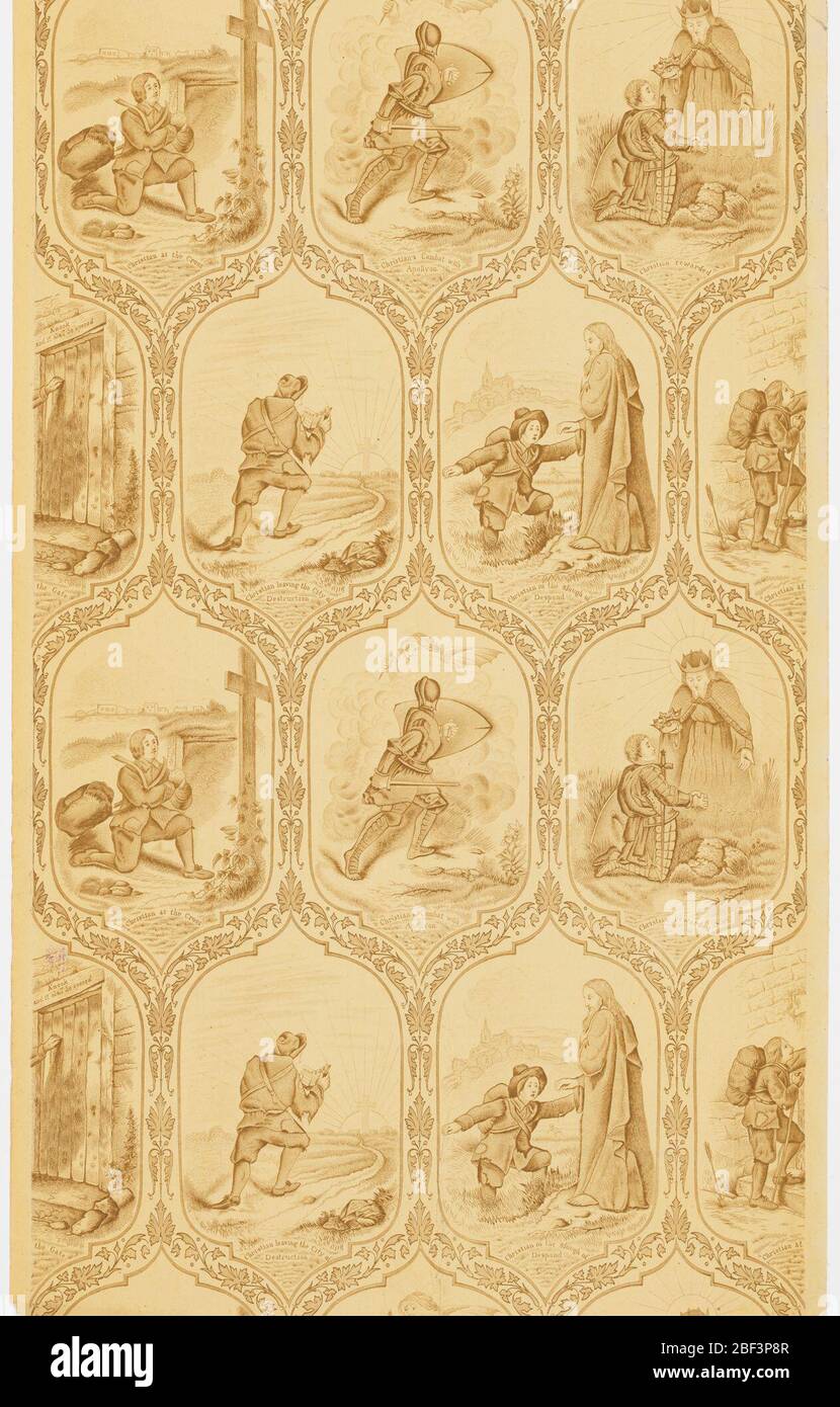 Progrès des pèlerins. Papier pour enfants ou pour pépinière avec six scènes de 'Pilgrim's Progress'. Chacun est enfermé dans des cadres cartouche foliés dans deux rangées horizontales de trois scènes chacune. Les caractères intaglio imprimés dans des tons sépia sur du papier non mis à la terre fabriqué par la machine. Banque D'Images