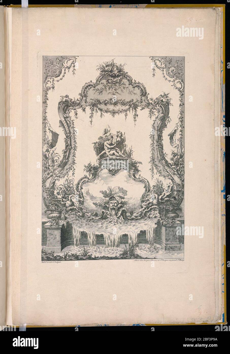 Panneau d'ornement avec une double poche montrant un Dieu de rivière une Nymphe et une fontaine. Panneaux oraments avec une double cartouche, un Dieu de rivière, une nymphe et une fontaine Banque D'Images