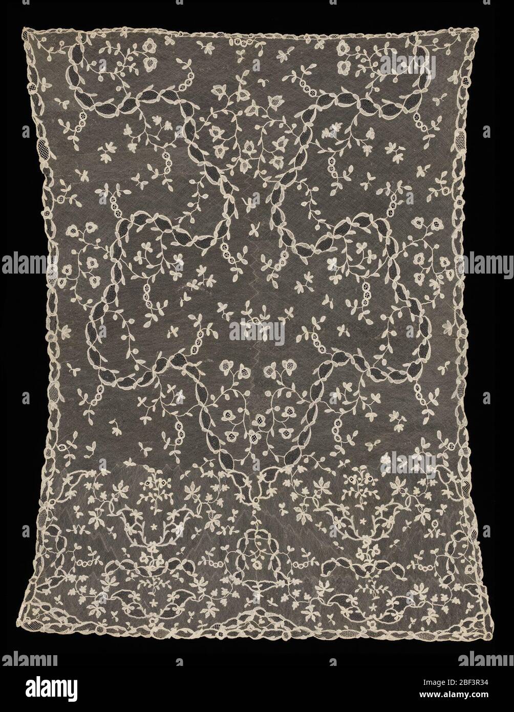 Couvrir ou voiler. Voile de dentelle de style bruxellois avec terrain de droschel et tiges de courbure élancée avec feuilles et fleurs. Banque D'Images