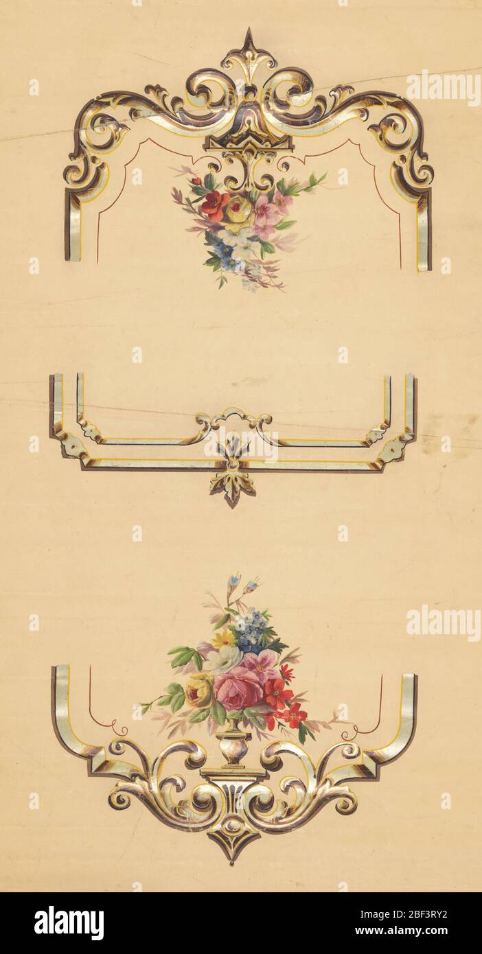 Ombre de fenêtre. Trois éléments de conception imprimés sur un sol brun clair. Chacun des trois éléments est un exemple différent de style de cadre. Les deux éléments extérieurs contiennent chacun une urne avec un bouquet de fleurs qui est peint à la main. Les cadres imprimés en couleurs et en pigments métalliques. Banque D'Images