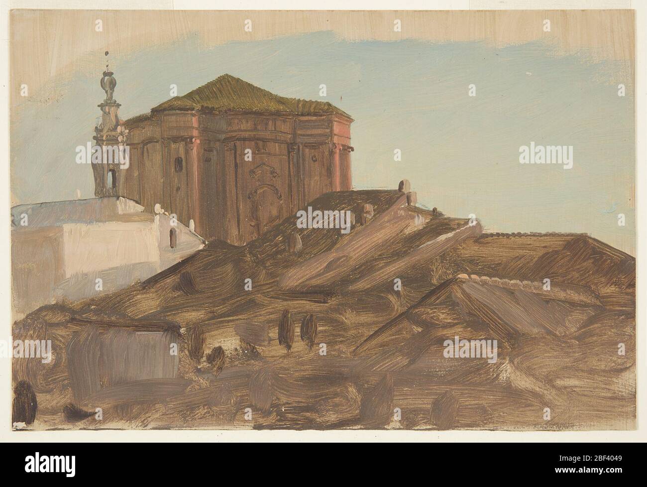 Toits près de SantAndrea delle Fratte de la Pincio Rome. Rectangle horizontal. Les parties supérieures d'une église baroque carrée avec des projections aux coins en forme de croix de Saint Andrews, et du clocher sont montrés à travers les toits de maison. Banque D'Images