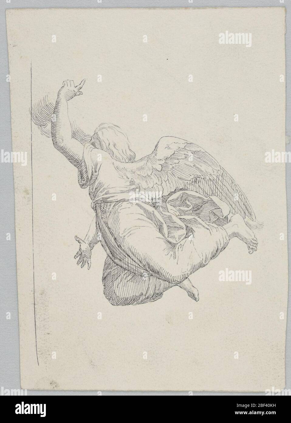 Ange volant. Format vertical. L'ange volant montré orienté vers la gauche. Le bras gauche surélevé avec doigt pointé recouvre la plupart du visage. La main droite est abaissée, les jambes sont repliées. Ligne de cadrage à gauche. Banque D'Images