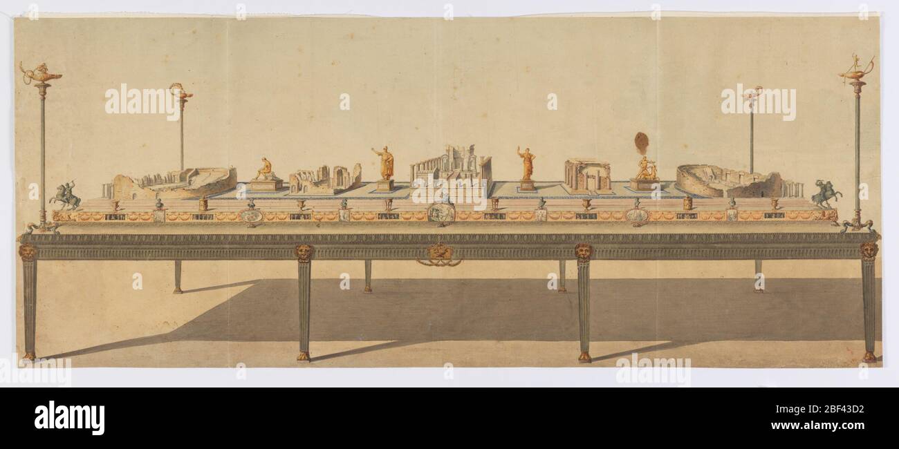 Surtout de Table pièce maîtresse du Temple d'Isis à Pompéi. Dessin d'une table ou d'un déleur (pièce maîtresse de la table) dont le thème est les ruines de Pompéi. Les jambes de la table sont droites avec des flettage et un masque de lion doré. Les côtés des tables sont décorés de rangées de moulures, le dessus étant des œufs et des dart. Banque D'Images Surtout de Table pièce maîtresse du Temple d'Isis à Pompéi. Dessin d'une table ou d'un déleur (pièce maîtresse de la table) dont le thème est les ruines de Pompéi. Les jambes de la table sont droites avec des flettage et un masque de lion doré. Les côtés des tables sont décorés de rangées de moulures, le dessus étant des œufs et des dart. Banque D'Images