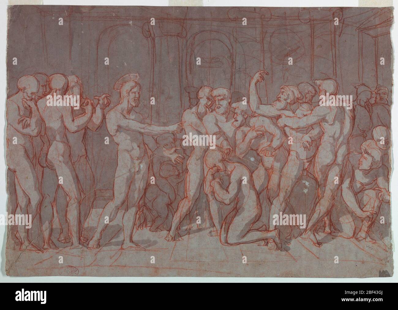 Christ et la femme adultère. La femme, les soldats et deux disciples à gauche, Christ avec d'autres à droite. Il pointe aux mots qu'il a écrits. La femme plutôt calme. Banque D'Images