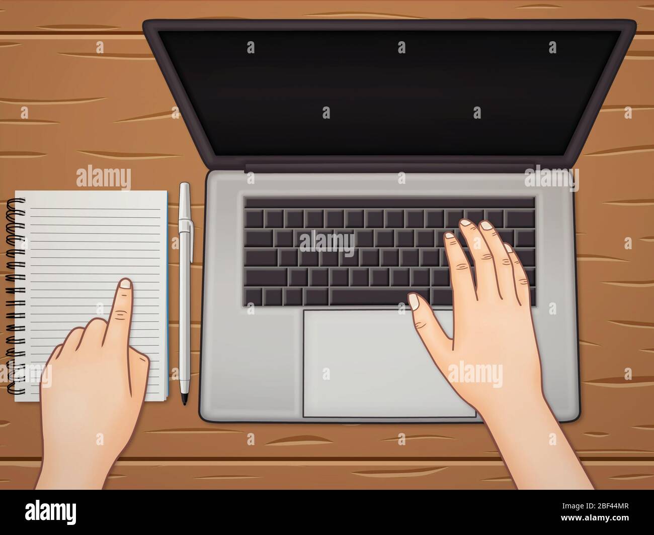 Illustration d'une personne mettant ses mains sur un ordinateur portable, pointant vers un ordinateur portable et écrivant, travaillant à la maison, faisant des devoirs Banque D'Images