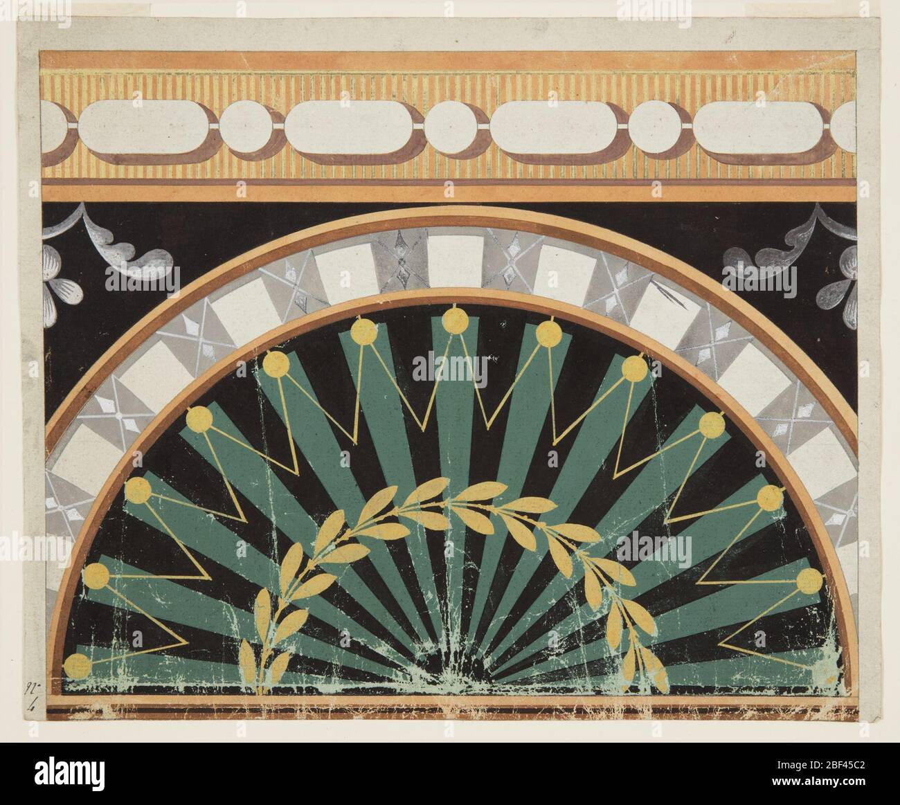 Design pour une frise de papier peint. Les Moulures forment un demi-cercle et une bande de cadrage de lui. Une couronne de demi-tour entoure un soleil noir dans le demi-cercle. Un fil zigzag se main sur les perles du moulage supérieur. Banque D'Images