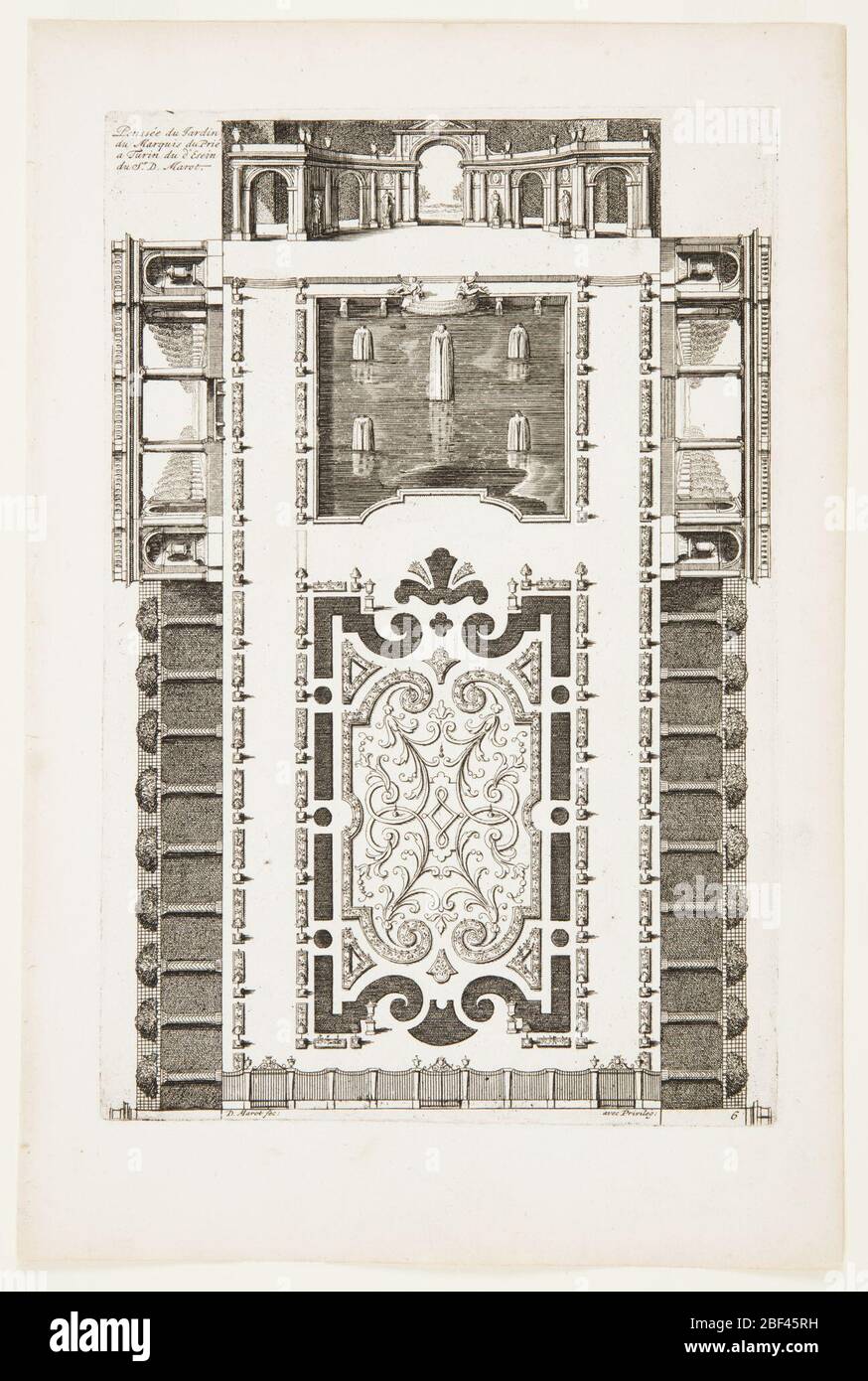 Pense du jardin du Marquis du PRI A Turin Garden IDEA for the Marquis du PRI in Turin in Nouvaux Livre de Parterres contenu 24 penssz diferantes Nouveau livre contenant 24 variations différentes pour les lits de jardin. Architecture de paysage pour jardin avec fontaines. Banque D'Images