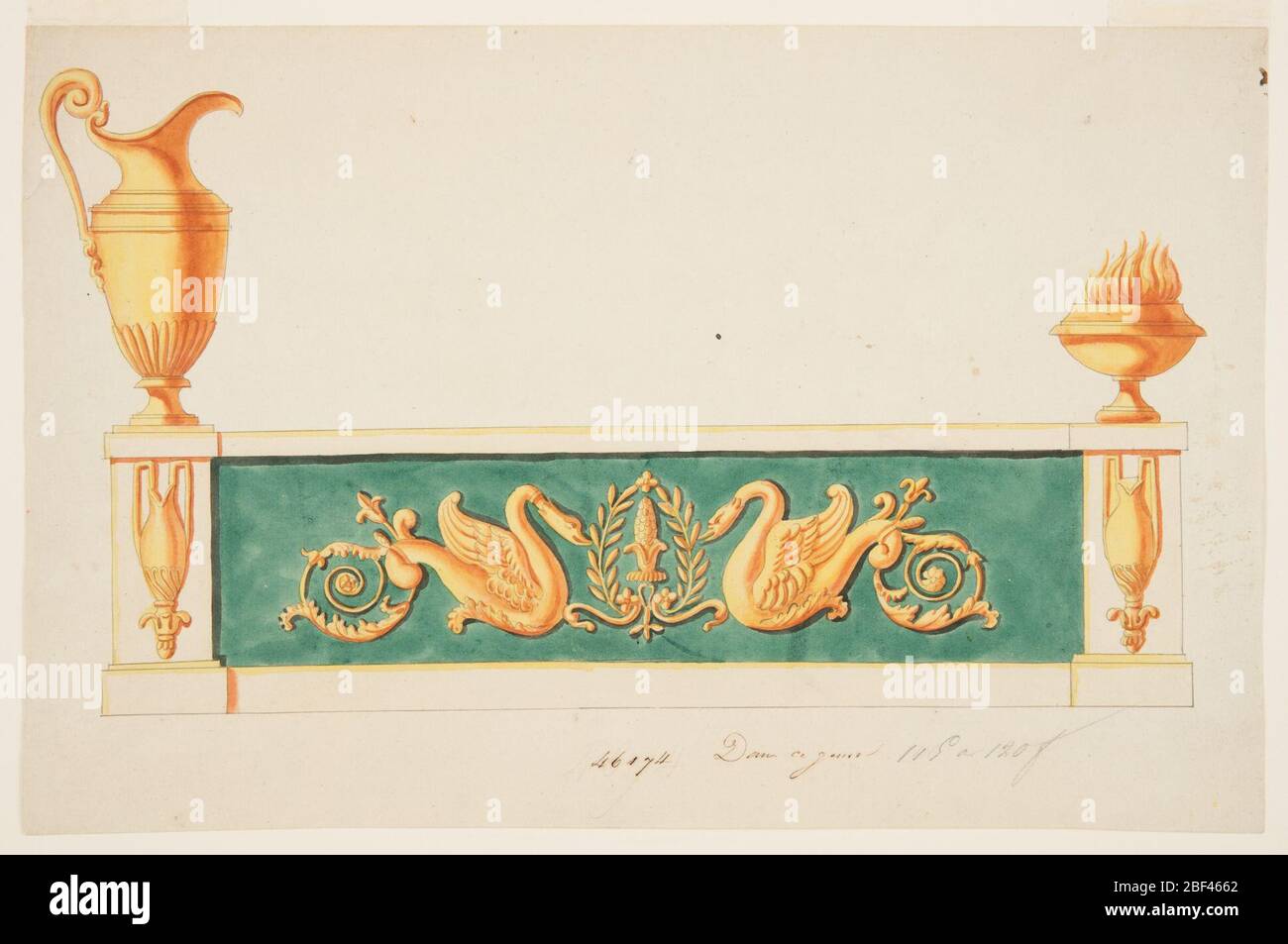 Conception pour un andiron. Conception horizontale, deux pilastres, panneau central. Grand pichet à gauche, bol bas avec flamme à droite. Devant des pilastres décorés de pichets à deux prises. Banque D'Images