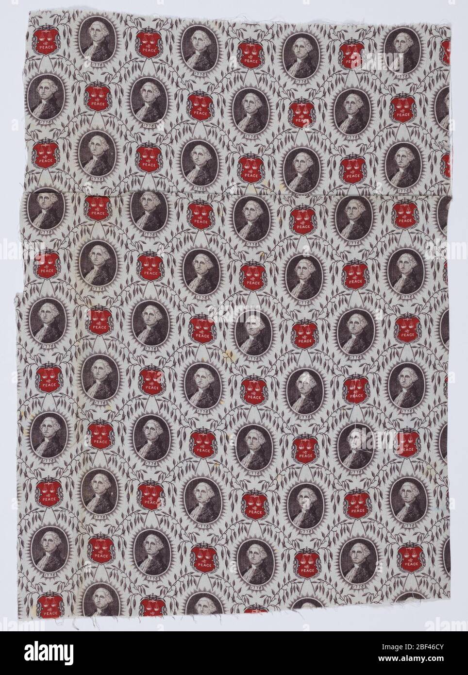 Fragment. Les médaillons de portrait de George Washington alternent avec des boucliers portant l'image d'une paire d'échelles avec la lecture de texte 'de paix', destinée à être lue comme 'Justice de paix'. Rouge et noir sur blanc. Banque D'Images
