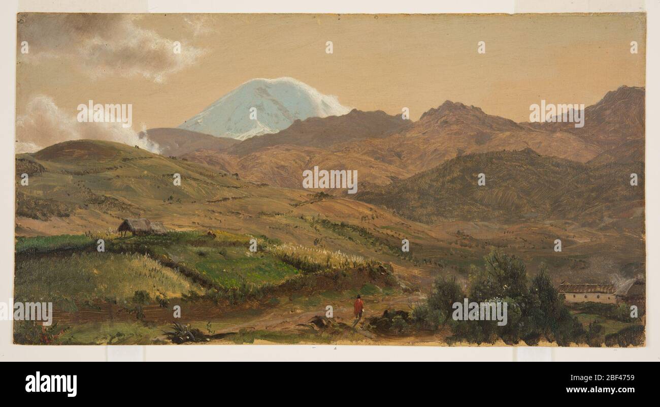 Mont Chimborazo Equateur. Le pic couvert de neige monte sur les plages à l'arrière central. Les hauts des arbres et une maison sont esquissés au premier plan. Marge inférieure irrégulière montrant une couleur de mise à la terre crémeuse. Banque D'Images