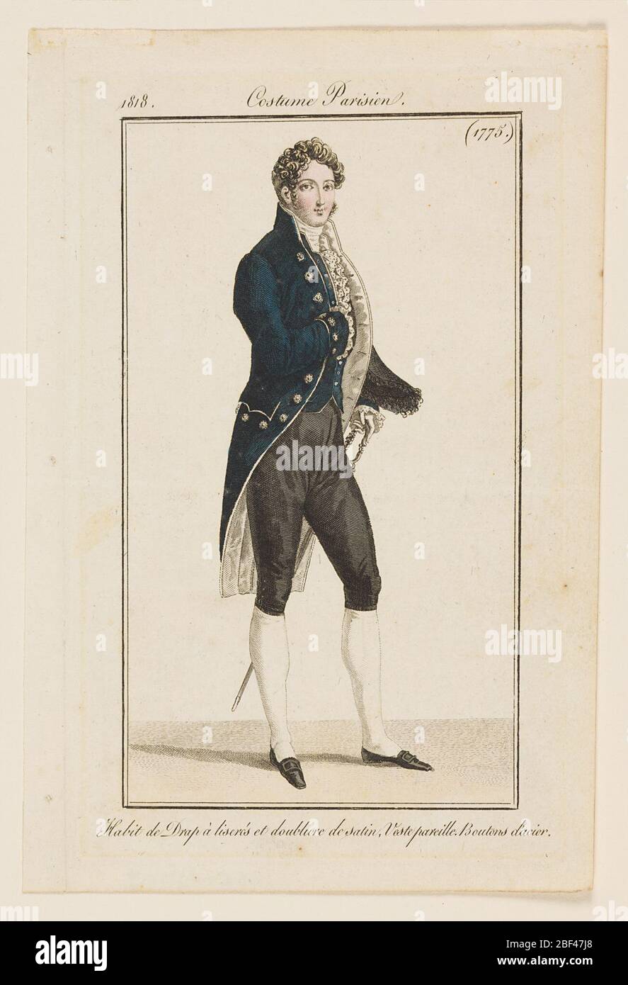 Design for Gentlemans Costume 1775 Journal des Dames et des modes Journal of Ladies and Fashion Vingtdeuxime Anne 22ème année n° 64. Plaque de mode gravée de couleur main avec une silhouette pleine longueur d'un homme aux cheveux blond et courbé, tournée vers la droite. Il porte son chapeau noir sous son bras gauche, tandis que sa main gauche repose sur son épée. Banque D'Images
