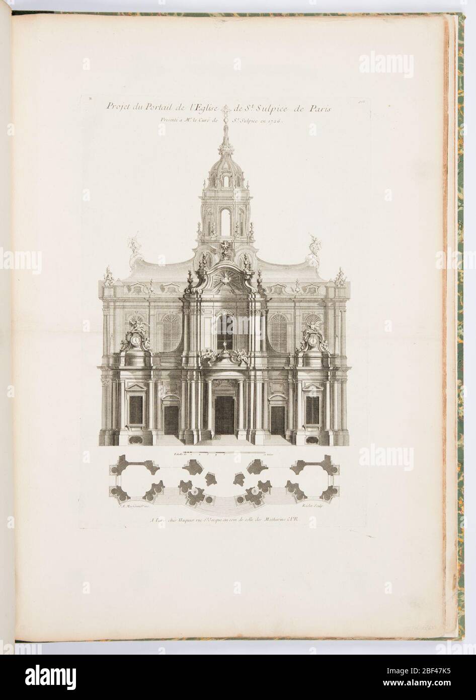 Projet du Portail de l'Église Saint-Sulpice de Paris plate 105 en oeuvres de  JusteAurle Meissonnier œuvres de JusteAuronnier Meissonnier œuvres de  JusteAuronnier. La façade montre trois portes et plusieurs fenêtres, deux  horloges