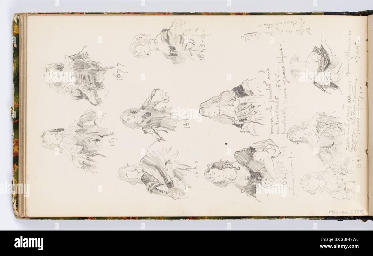 Page de croquis Portraits du 17ième siècle. Quatre rangées de portraits d'hommes et de femmes en costume du XVIIe siècle, chacun daté en dessous de l'année de leur mort. Portrait en bas à droite identifié comme Catherine de Braganza, reine de Charles II, qui est mort en 1705. Banque D'Images